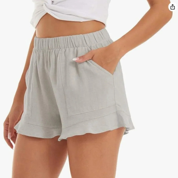 Linen Blend Ruffle Hem Pull On Shorts Beige Oatmeal Size Small - Picture 2 of 6